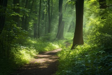 An enchanting forest path with dappled sunlight, lush greenery, and a sense of mystery