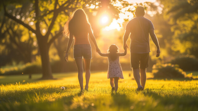 Family holding hands and walking in a park during a beautiful sunset