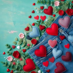 Valentine hearts of jeans and red felt on colourful greenery background. Top view. Copy space for text created with generative ai