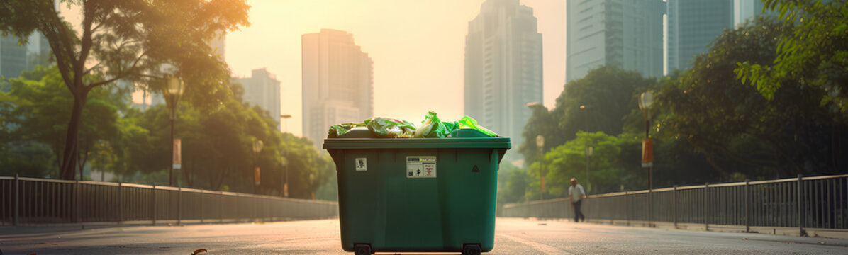 Green recycling container in the street. Sustainable concept. Renewable energy.
