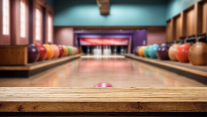 Empty wooden table with blurry modern bowling alley background - obrazy, fototapety, plakaty