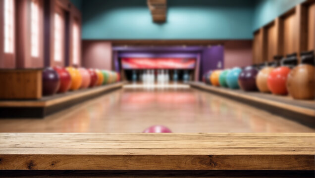 Empty wooden table with blurry modern bowling alley background