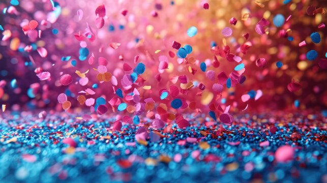  a bunch of colorful confetti sprinkles on a blue, pink, and red table cloth.