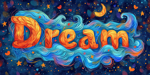Psychedelic Dream - Illustration of a transcendent experience with the word 'Dream' on a Valentine's card Gen AI - 725079080