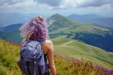 Woman with lavender curly hair hiking in a stunning mountain range