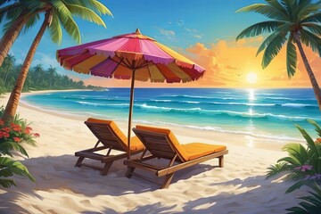 chairs, umbrella on the beach and sunset landscape