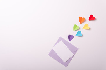 Valentine's day card top view white background red hearts holiday congratulations love minimalistic abstract corporative frame happy mockup celebration decoration isolated colorfull pride lgbt flag