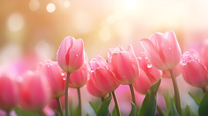 Kwiatowe minimalistyczne różowe tło na życzenia z okazji Dnia Kobiet, Dnia Matki, Dnia Babci, Urodzin czy pierwszego dnia wiosny. Szablon na baner lub mockup z tupianami.   - obrazy, fototapety, plakaty