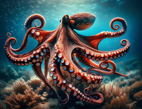big red octopus in the sea 