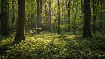  the sun shines through the trees in a green forest filled with tall trees and lush green grass on the ground.