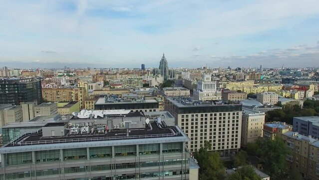Cityscape with facade of Ducat Place III business center. Aerial view