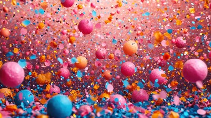  colorful confetti and confetti sprinkles on a pink, blue, and pink background.