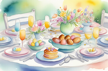 Fototapeta na wymiar Easter brunch table with beautifully arranged pastel-colored dishes, capturing the essence of a festive and delicious holiday meal 