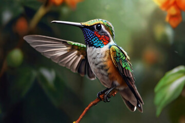 Fototapeta premium kleiner Vogel Kolibri fliegt durch die Luft und landet auf einem Ast