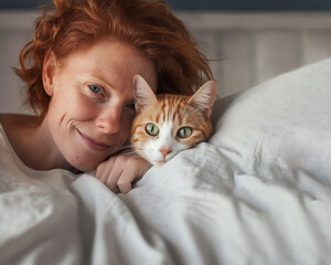 Smiling woman lies in bed with ginger cat. Close up portraits of curious pet and redhead woman. Tranquil home scene at bedroom.  - 725080450
