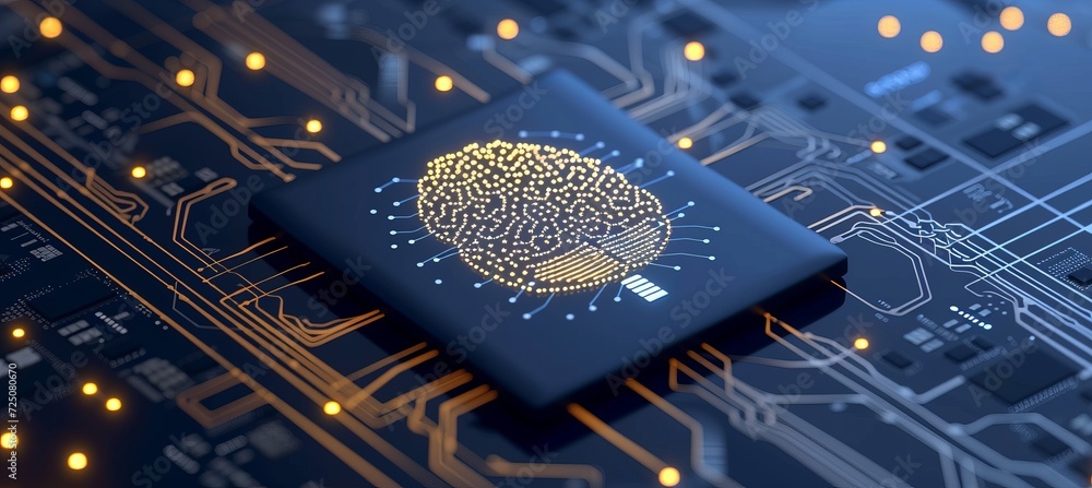 Poster shining brain icon on cpu with interactive holographic elements for data security, text placement