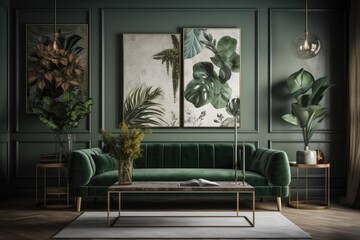 A contemporary and opulent living area with a sofa, plant, mock up poster frame, shelf holding pomegranates, and fine accessories. Wall paintings with designs. Elegant interior design. Template