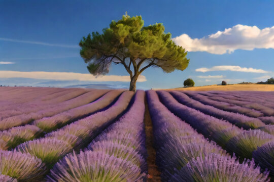 Lavendelfeld mit einem Olivenbaum im Hintergrund. Die Lavendelplantage liefert die Essenz f&uuml;r ansprechnede D&uuml;rfte wie Parf&uuml;m oder Deodorant