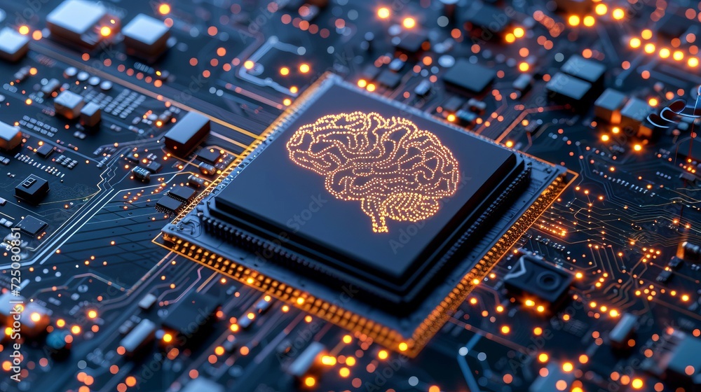 Poster shining brain icon on cpu with interactive holographic security elements and copy space