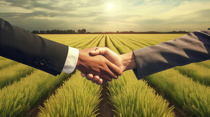 Business Handshake Over Agricultural Field at Sunset