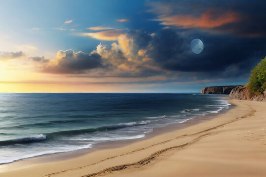Aufregende Abendstunde, der Mond und die Sonne stehen am Himmel. An einem Strand kann man sowohl die Sonne als auch den Mond sehen