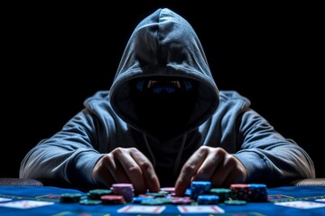 Professional poker player in hoodie and sunglasses playing tournament at casino table
