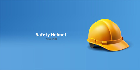 Yellow realistic helmet for head protection. 3D. Banner for construction, engineering, safety, and life protection design concepts. Vector - obrazy, fototapety, plakaty