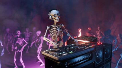 3D rendered illustration of a Skeleton DJ at the mixing console surrounded by dancing skeletons in a club atmosphere with colourful lighting and smoke effect. Halloween party. - 725081237