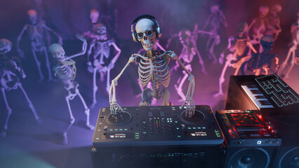 3D rendered illustration of a Skeleton DJ at the mixing console surrounded by dancing skeletons in a club atmosphere with colourful lighting and smoke effect. Halloween party. - 725081248
