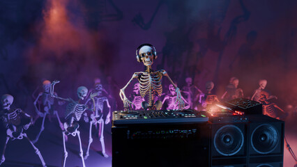 3D rendered illustration of a Skeleton DJ at the mixing console surrounded by dancing skeletons in a club atmosphere with colourful lighting and smoke effect. Halloween party. - 725081252