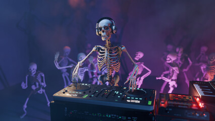 3D rendered illustration of a Skeleton DJ at the mixing console surrounded by dancing skeletons in a club atmosphere with colourful lighting and smoke effect. Halloween party. - 725081254