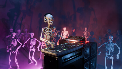 3D rendered illustration of a Skeleton DJ at the mixing console surrounded by dancing skeletons in a club atmosphere with colourful lighting and smoke effect. Halloween party.