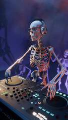 3D rendered illustration of a Skeleton DJ at the mixing console surrounded by dancing skeletons in a club atmosphere with colourful lighting and smoke effect. Halloween party. - 725081279