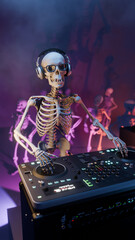 3D rendered illustration of a Skeleton DJ at the mixing console surrounded by dancing skeletons in a club atmosphere with colourful lighting and smoke effect. Halloween party. - 725081284