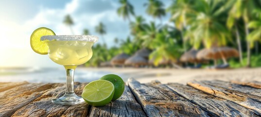 Refreshing margarita cocktail in tropical paradise with blurred beach background