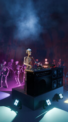 3D rendered illustration of a Skeleton DJ at the mixing console surrounded by dancing skeletons in a club atmosphere with colourful lighting and smoke effect. Halloween party. - 725081299