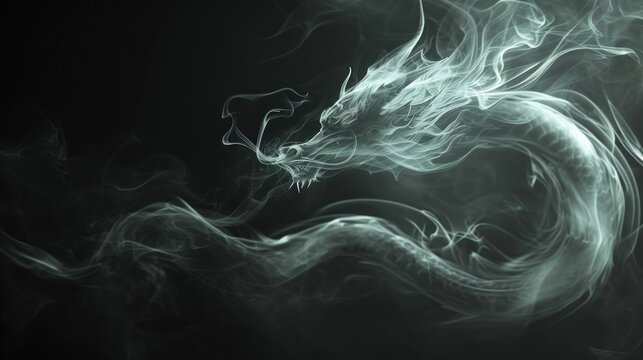  a black and white photo of a dragon with smoke coming out of it's mouth and the tail of it's head.