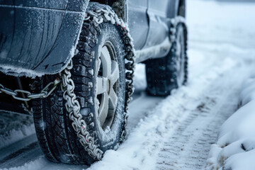 Wheel of a car with chains on snow