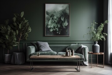 A minimalistic living room composition featuring a black mock up poster frame, a coffee table made of green marble, a flower in a vase, and sculpture. gray wall Elegant interior design. Template