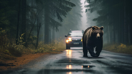 A wild bear in the middle of a road. A car behind.
 - obrazy, fototapety, plakaty