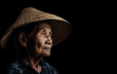 Aged Elegance: Side Portrait of a Wise Rice Working Woman with Hat