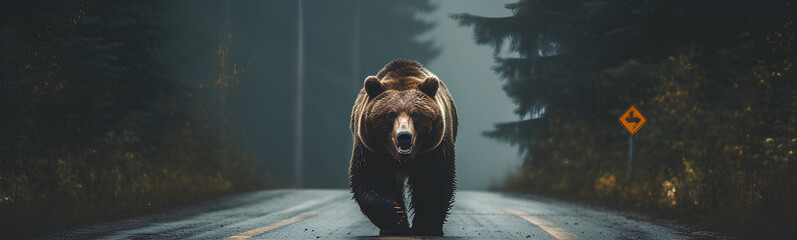 A wild bear in the middle of a road. A car behind.
