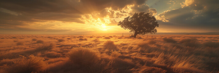 an old tree stands tall in a golden field at sunset