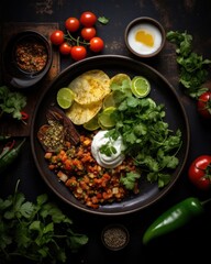  a plate of mexican food with tortillas, salsa, sour cream, sour cream, limes and tomatoes.