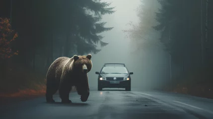 Wandaufkleber A wild bear in the middle of a road. A car behind.  © Moon Project