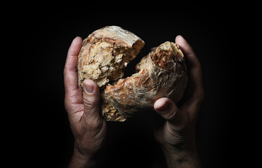 Hands breaking a loaf of bread on dark background, space for text.