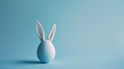 Naklejka na ściany i meble a blue egg with a white bunny's ears sticking out of it's side on a blue background.