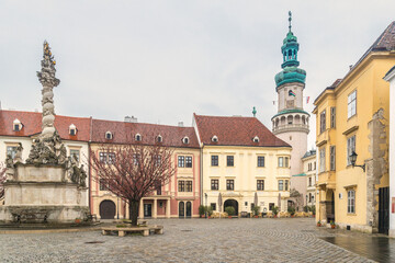 The Main Square with The Firewatch Tower in Sopron town, Hungary, Europe.