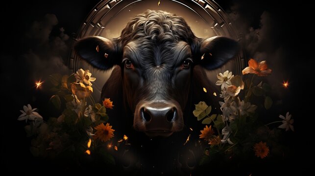 Taurus symbol  powerful bull, lush greenery, persistence, sensuality, stability, tranquil setting