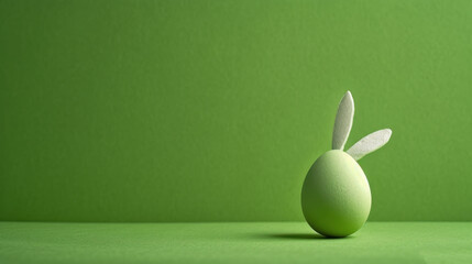  a green easter egg with a white rabbit's tail sticking out of it's side on a green surface. - obrazy, fototapety, plakaty